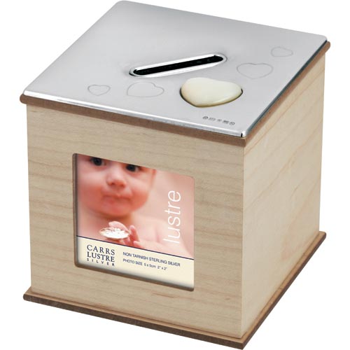 Carrs Of Sheffield Wood Photograph Money Box With Mother Of Pearl Heart- Maple Finish In Sterling Silver By Carrs Of Sh