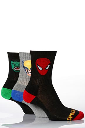 Boys 3 Pairs Marvel Heroes Sports Socks - Hulk, Spiderman and Wolverine In 3 Colours White 9-12 Kids
