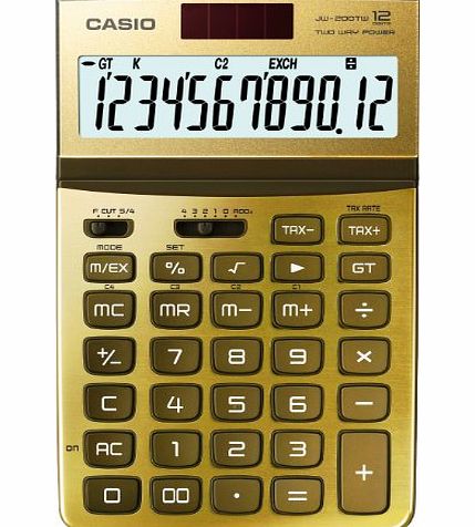 Casio JW-2000TW-GD Solar-Powered Desktop Calculator with Lacquered Glossy Metal Front / 12 Digits / Large LC Display / Gold