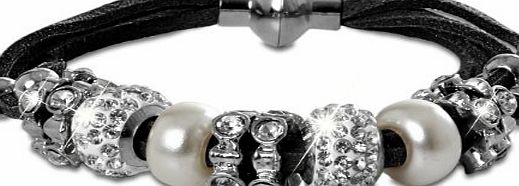 CASPAR Fashion CASPAR Womens Leather Charm Bracelet with Pearls and Sparkling Rhinestone Charms - many colours - AZ600, Farbe:schwarz
