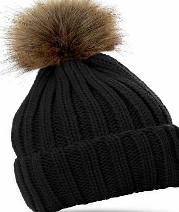 CASPAR Fashion CASPAR Womens Winter Rib Knitted Hat / Beanie with Chunky Faux Fur Bobble Pom Pom - many colours - MU054, Farbe:black