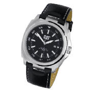 CAT black dial black leather strap watch