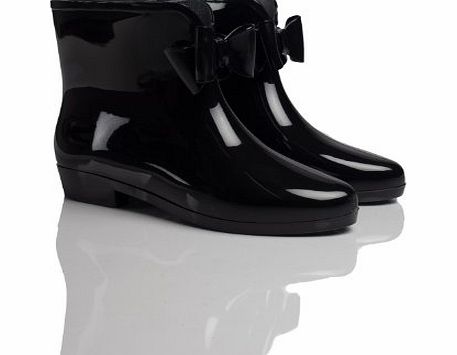 Catwalk Footwear Womens Black Wellies Ladies New Bow Wellington Ankle Snow Rain Boots - Black/Black -Size: 6