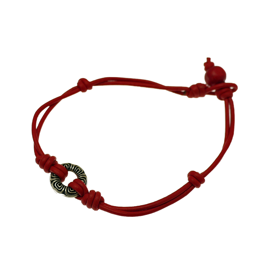 Silver & Red Leather Bracelet -AUT8