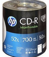 Spool of 100 HP CD-R80 Full face WHITE Inkjet Printable 700MB 52X (100 pieces of 80 mins recordable cd bulk packed spool)