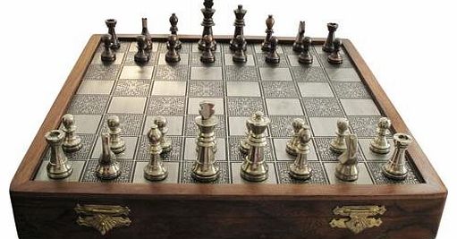 CE Hand Made Items Brushed Metal Top Chess set with Inlayed Board 