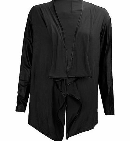 CELEB LOOK F32 NEW WOMENS PVC PU FAUX LEATHER SLEEVE WATERFALL LADIES PLUS SIZE CARDIGAN. (M/L (UK 12-14), BALCK)