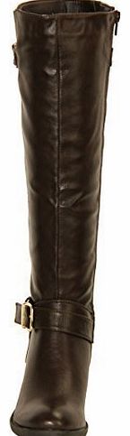CELEB LOOK RJ04 NEW WOMENS LADIES KNEE HIGH LOW HEEL BIKER WINTER RIDING ZIP UP BOOTS SHOES (UK 3 / EU 36, BROWN)