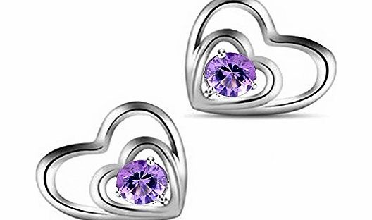 Celebrity Elements Celebrity Jewellery S925 Sterling Silver Double Hearts Love Earrings with Purple Crystal Amethyst