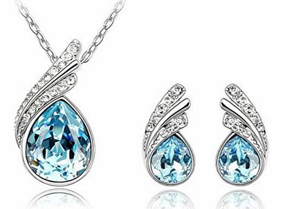Blue Water Drop Shape Austrian Crystal Made Swarovski Elements Insert Stud Earrings & Fashion Necklace Jewellery Set Free Gift Box JS201404 407