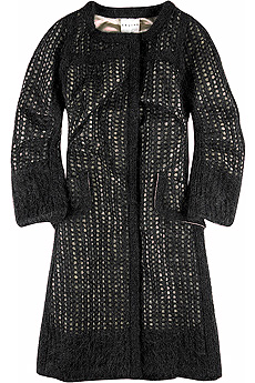 Slate mohair box coat with visible gold satin under layer and bracelet sleeves