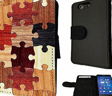 Cellbell LTD Sony Xperia Z3 Compact/Mini Cool Funky Wooden puzzle Look Design Print Design Book Style Purse Full Case Flip cover Defender Credit Card Holder Pouch Case Cover Book Wallet TPU Leather