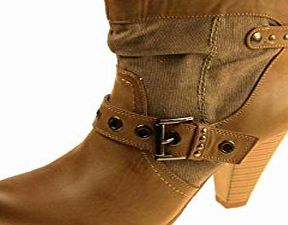 Centro LADIES FAUX LEATHER PULL ON ANKLE BOOTS BUCKLE STUD DETAIL NEW (5, TAN)