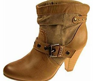 Centro LADIES FAUX LEATHER PULL ON ANKLE BOOTS BUCKLE STUD DETAIL NEW (7, TAN)