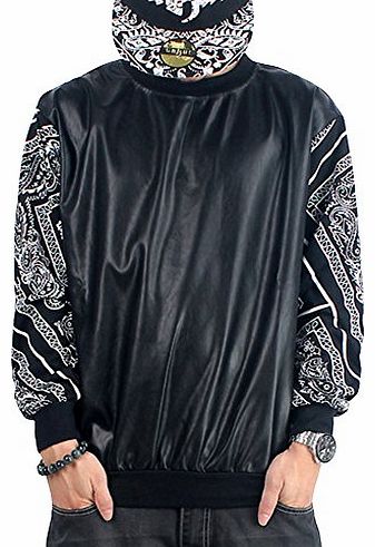 Chalmart-QIBO QIBO Mens Casual Hip Hop Street Dance Leather Splice Long Sleeve T-Shirt L Black