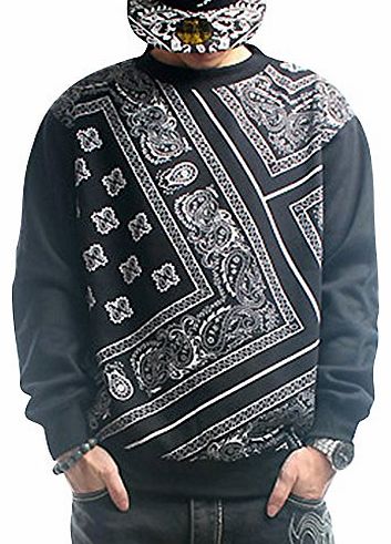 Chalmart-QIBO QIBO Mens Cool Round Neck Pullover Loose Printed Hip Hop Hoodie M Black