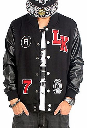 QIBO Mens Embroidery Leather Sleeve Baseball Hip Pop Dance Jacket M Black