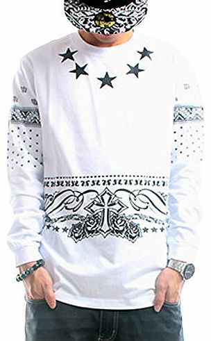 Chalmart-QIBO QIBO Mens Fashion Oversized Hip Hop Long Sleeve Printed Pullover T-Shirt M White
