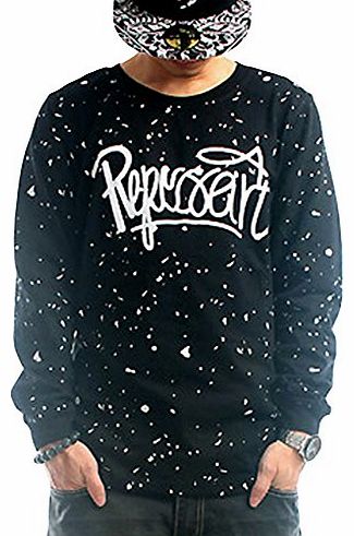 QIBO Mens Pullover Oversized Printed Letters Long Sleeve T-Shirt XL Black