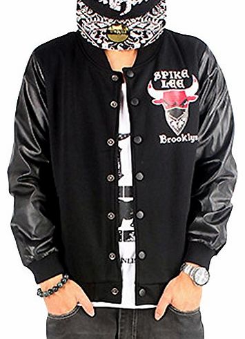 QIBO Mens Street Hip Hop PU Leather Splice Printed Loose Baseball Jacket L Black