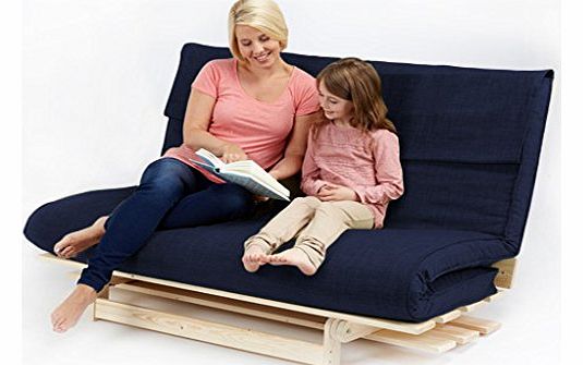 Midnight Blue Textured Fabric Double Complete Futon (Folding Mattress + Wood Frame)