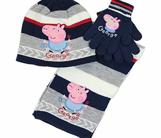 Character UK Character Boys George Pig Hat Scarf amp; Gloves Winter Set Red Stripe