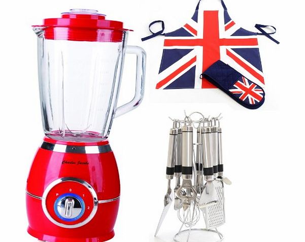 Charles Jacobs 1.5L Solid Glass Jug Powerful Food Blender with 2 Speeds plus Pulse in White with Apron and Gloves Set