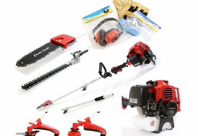 Charles Jacobs 52cc Petrol Long Extesion Multi Function 5 in 1 Garden 2-Stroke Power Tool in Red including: (1)Hedge Trimmer, (2)Strimmer, (3)Brushcutter, (4)Chainsaw Pruner, (5)Extension Pole amp; S