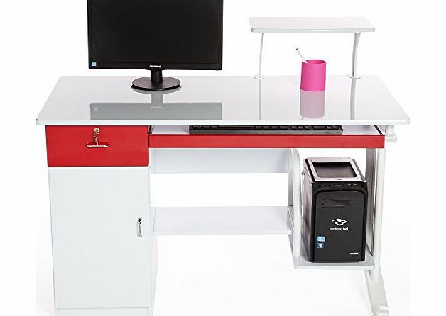 Computer Desk in White amp; Red Finish with Keyboard Shelf and Platform, Drawer and Large Cabinet, Home Furniture / Office Workstation by Charles Jacobs #AA92#