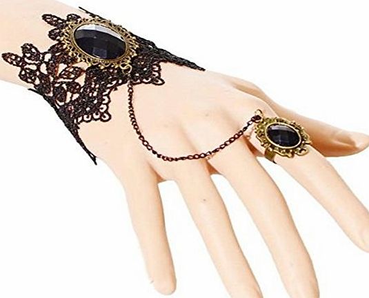 Charm Buddy Vintage Style Black Lace Cuff Bracelet with and Adjustable Ring Punk Gothic
