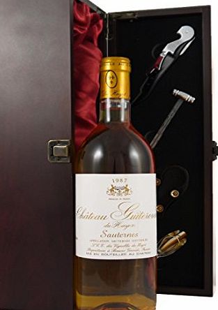 Chateau Guiteronde Du Hayot Sauternes 1987 Vintage Wine presented in a silk lined wooden box with four wine accessories