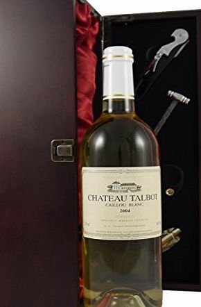 Chateau Talbot Caillou Blanc 2004 Bordeaux Vintage white Wine presented in a silk lined wooden box with four wine accessories