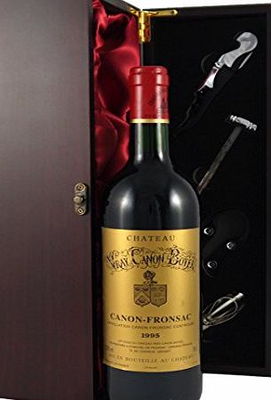Chateau Vray Canon Boyer Bordeaux 1995 Vintage Wine presented in a silk lined wooden box with four wine accessories