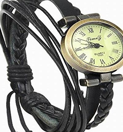 checknow Cool Black/Coffee Vintage Weave Wrap Leather Ladies Bangle Bracelet Quartz Watch (Black)