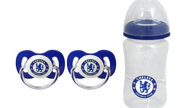 Chelsea FC Official Baby Gift 2 Pack Dummies Soothers amp; FREE Feeding Bottle