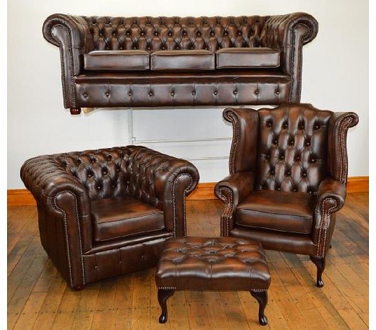 Chesterfield four piece suite top quality in antique brown leather