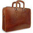 Chiarugi Brown Genuine Leather Double Gusset Zippered Briefcase