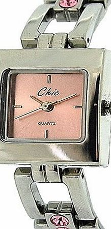 CHIC  Ladies Analogue Pink Square Dial, Pink Stone Set Metal Bracelet Strap Watch