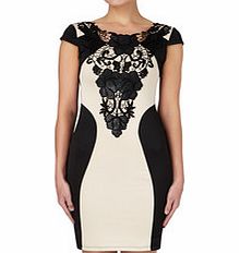 Beige and black lace detail dress