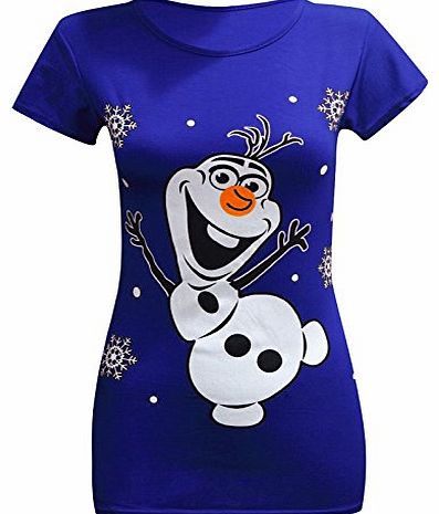 Chic London Ladies Womens Christmas Xmas T-Shirt Tee Olaf Frozen Snowman Funny Novelty Festive Print Girls Short Sleeve Slim Top (M/L, Blue)