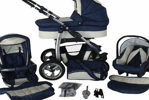 Chilly Kids Dino 3 in 1 Combi Pushchair Travel System with car seat incl. ISOFIX (Rain cover, mosquito net, car seat incl. ISOFIX adapter, swivel wheels, 55 colors) 018 Navy amp; Cream
