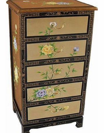 Chinese Furniture - Oriental Genuine Gold Leaf Tall Chest of Drawer Floral Artistry
