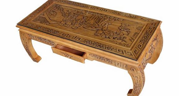 China Warehouse Direct Chinese Furniture, Handcarved Oriental Scroll Coffee Table with Glass, Oak Finish