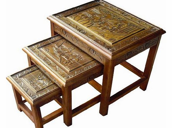 Chinese Oriental Furniture - Handcarved Nest of 3 Tables with Glass in Oak Finish