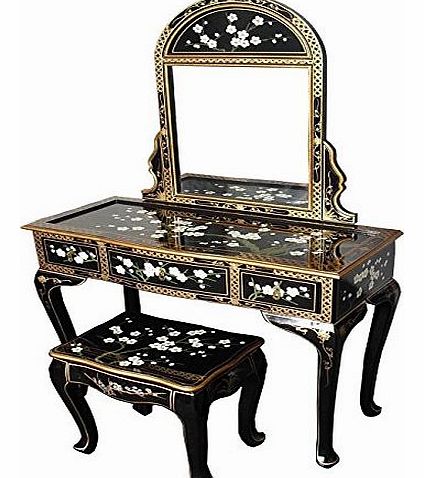 Oriental Chinese Furniture, Blossom Dressing Table Set with Mirror & Stool & Glass Top