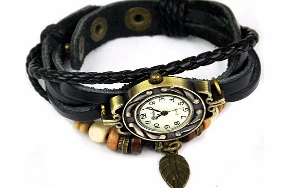 chinkyboo 4 Colors Quartz Cool Weave Wrap Around Leather Bracelet Lady Woman Wrist Watch (Black)