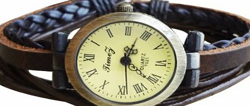 Coffee Cool Vintage Bronze Ladies Weave Wrap Leather Bangle Bracelet Quartz Watch