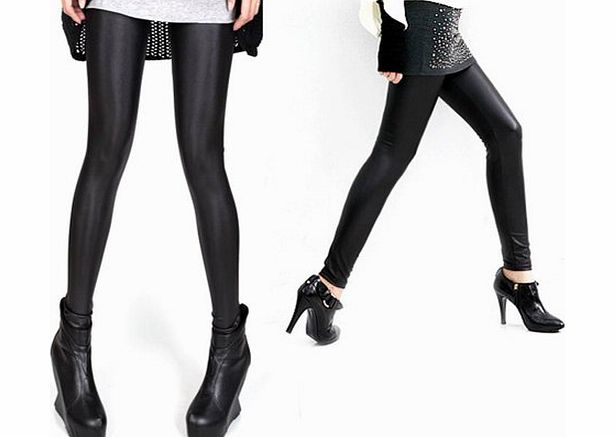 chinkyboo Sexy Fashionable Womens Wet Look / Leather Look Leggings High-Waist Leggings in Black