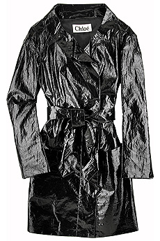 Black shiny coated linen collarless raincoat with an asymmetric lapel.