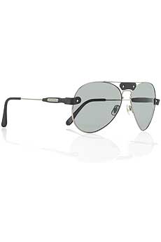 Silver aviator-style sunglasses with a leather trim.